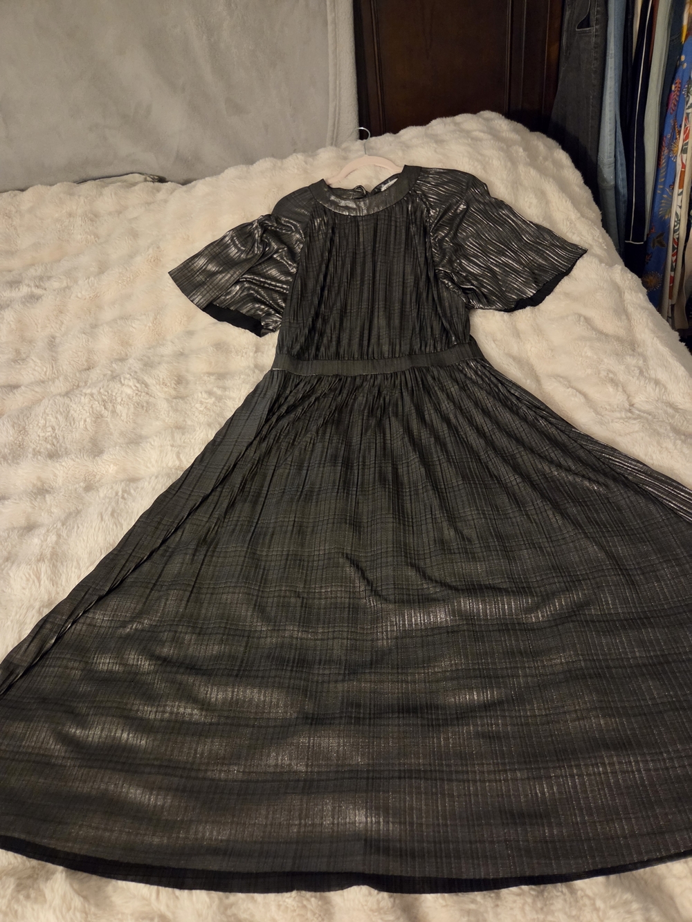 Womens Metallic Pleated Midi Dress - Gun Metal Gray